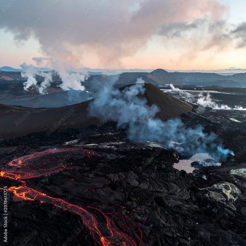Fototapeta premium Volcanic eruption with glowing lava flow and smoke plumes.