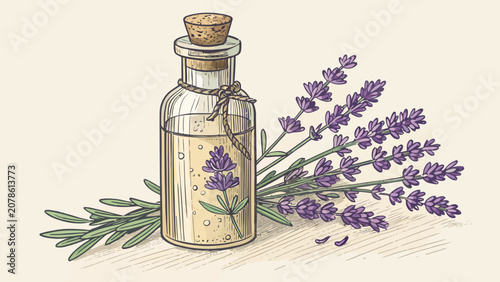 Glass bottle of essential lavender oil with sprigs of dried purple flowers lavender essential aromatherapy botanical wellness fragrance isolated illustration treatment therapeutic relaxing