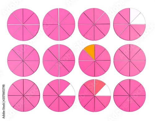 A collection of 12 pink pie charts with various shaded sections