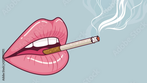 Illustration of red lips holding a smoking cigarette with cigarette addiction illustration lifestyle nicotine isolated lipstick cosmetic unhealthy
