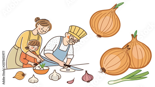Family cooking in kitchen preparing onions and garlic together for healthy home meal with preparation vegetable lifestyle nutrition culinary ingredient teaching domestic daughter chopping