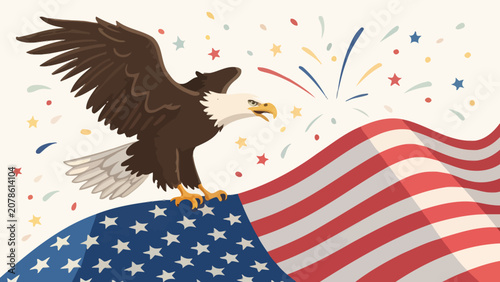 Bald eagle perched on american flag background with american independence patriotic wildlife celebration fireworks patriotism majestic background sovereign illustration democracy national