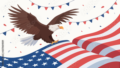 Bald eagle soaring above american flag with buntings american patriotic independence wildlife patriotism celebration majestic sovereign democracy illustration national aviation