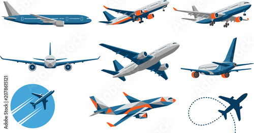 Fotografía Commercial Airplane Icon Set Featuring Passenger Jet Airliners Takeoff Flights a