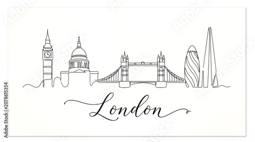 London city skyline continuous line drawing, landmarks silhouette isolated on white background
