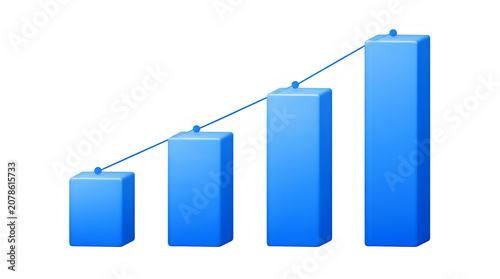 Blue bar graph with growing trend line isolated on transparent background