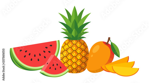 Cuadro en lienzo Fresh fruit icons, watermelon, pineapple, mango, colorful vector illustrations,