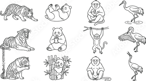 Canvas Print Asian Wildlife Outline Icon Set Featuring Tiger Panda Monkey and Crane Vectors f
