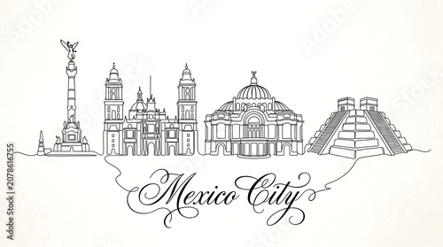 Mexico city skyline, continuous line drawing, landmarks including angel of independence, metropolitan cathedral, palace of fine arts and pyramid, isolated on white background