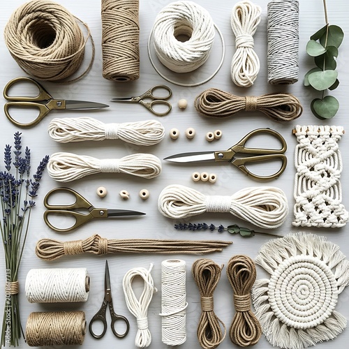 Assorted Sewing and Crafting Materials with Thread and Tools Arrangement.