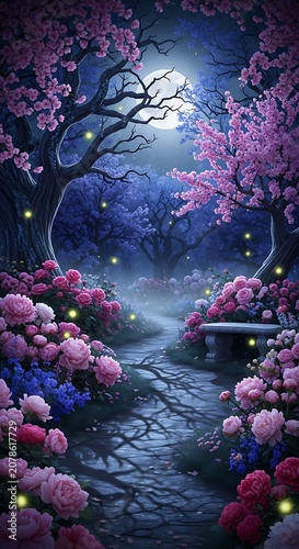 Enchanting Night Scene with Blooming Trees and Full Moon.