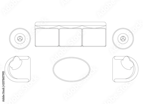 Living room furniture top view set including large three seater sofa with round accent tables and pair of comfortable lounge chairs around oval table.