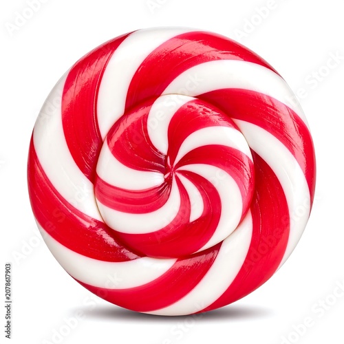 A large red and white swirly peppermint candy on a plain background