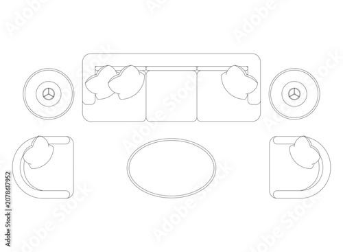 Living room furniture set with pillows top view collection showing three seater sofa and round tables plus pair of comfortable lounge chairs and table.