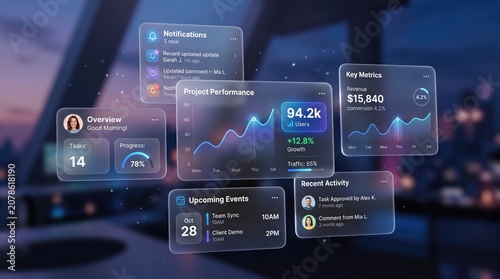 Futuristic glassmorphism business dashboard, holographic data visualization interface, digital project performance charts over blurred city office background