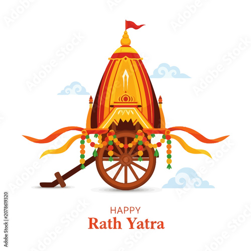 Decorated Rath Yatra Chariot with Garland, Clouds, and Flag - Indian Festival
