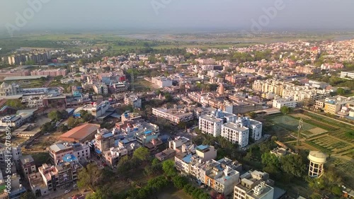 A drone takes off vertically over the holy city of Vrindavan.
