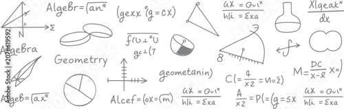 Foto Hand drawn mathematical equations geometric shapes and symbols on white backgrou