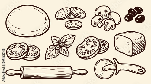 Obraz na plátně A sketch vector set of pizza ingredients and tools on a table