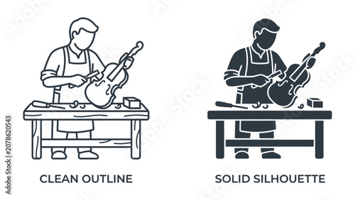 Fotografie Violin Maker Crafting Melody: A craftsman meticulously works on a violin at his workbench, demonstrating the intricate art of instrument making, with both outline and silhouette views provided