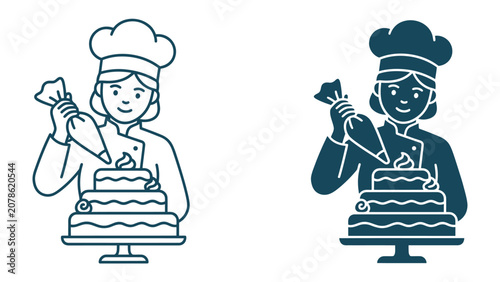 Canvastavla Baker Decorating Cake: A pastry chef skillfully adorns a multi-tiered cake with frosting, demonstrating culinary artistry in two distinct styles, line art and silhouette