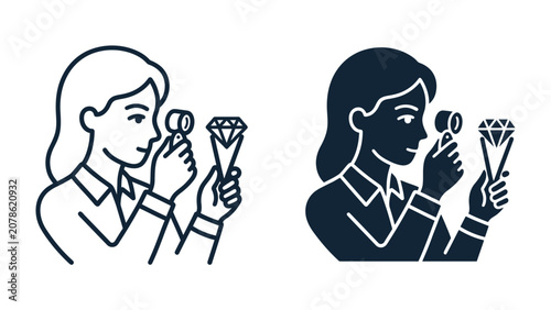 Fotografie Diamond Appraisal Icon: A woman's profile in a line drawing and silhouette, examining a sparkling diamond held in a tool, symbolizing gemology and appraisal services