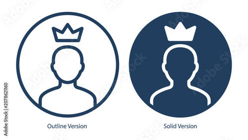 Canvas-taulu King Icon Set: Two circular icons, one outlined and one solid navy, depict a user silhouette wearing a crown, representing royalty or leadership