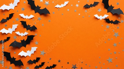 Halloween bat and star decorations on orange background