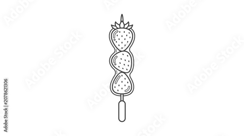 A simple black and white line art illustration of a strawberry skewer.