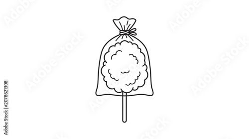 A simple black and white line art illustration of cotton candy in a plastic bag.