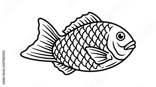 A detailed black and white line art illustration of a small fish with scales.