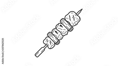 Hand drawn illustration of a delicious meat and vegetable skewer.