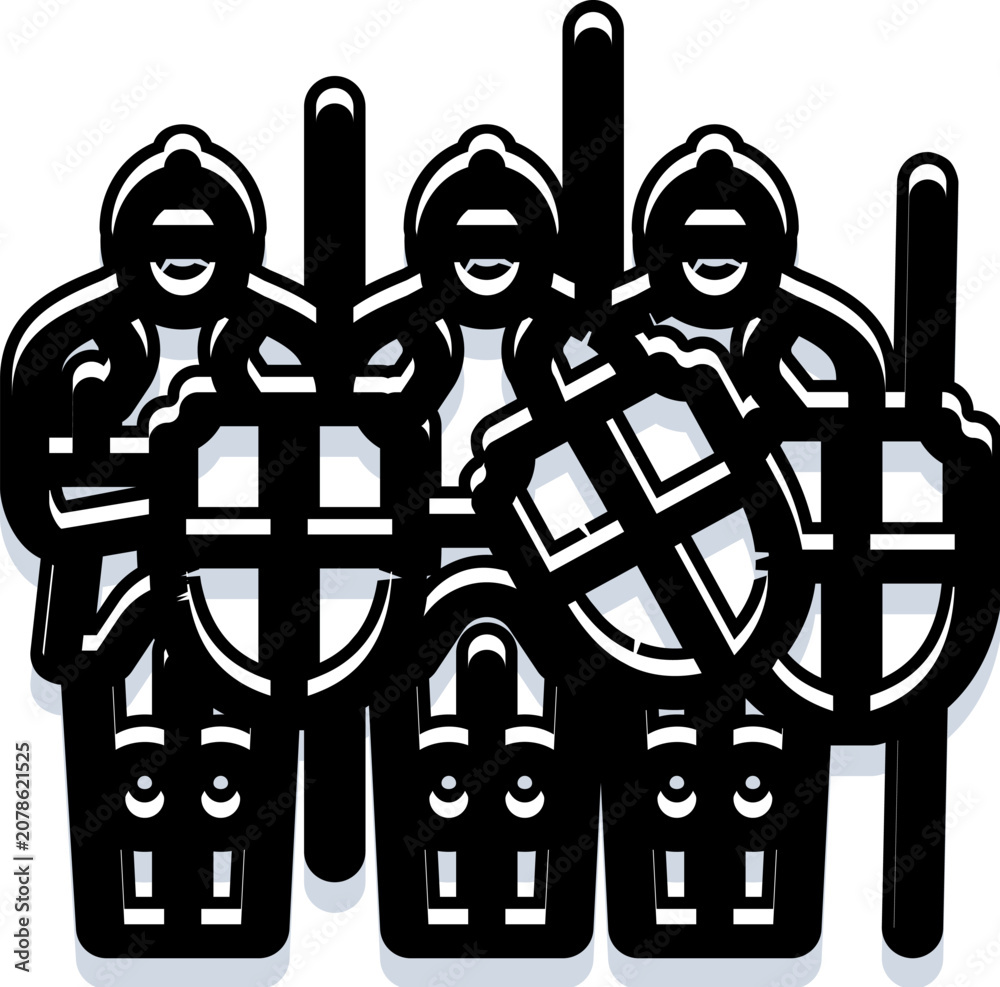 Fototapeta premium Three armored medieval warriors standing together, holding large shields and weapon poles, illustrating historical combat, protection, and military strength during ancient times