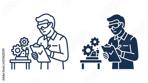 Vászonkép Engineer Examining Mechanism: A focused engineer, wearing safety glasses and a shirt, inspects a mechanical apparatus with gears on a table, diligently recording observations on a clipboard