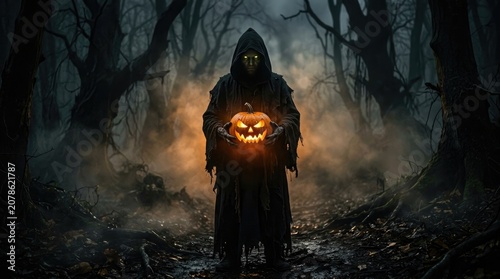 Spooky hooded figure holding a glowing jack o lantern in a dark forest