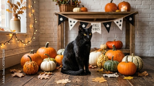 Black cat surrounded by pumpkins and autumn decorations for fall season