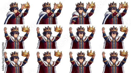 Foto Pixel Art King Character Holding Crown Multiple Poses.