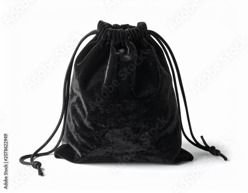 Blank luxurious black velvet drawstring pouch bag isolated on white for premium retail mockups.