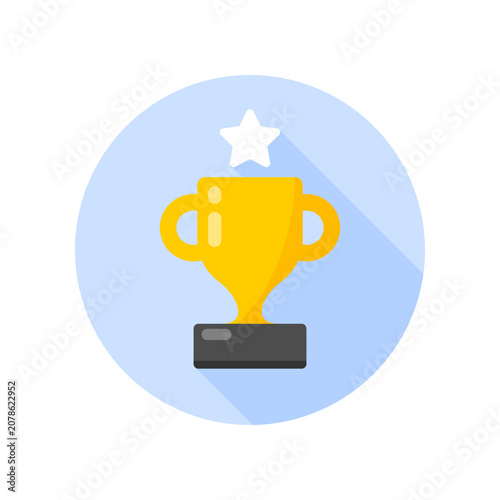 Golden trophy with white star on blue circle icon flat vector design