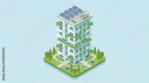 Isometric ecofriendly apartment building with solar panels, rooftop greenhouse, electric vehicle charging stations, and green balconies on a light blue background