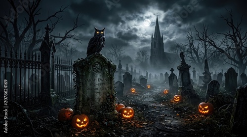 Spooky halloween night in a haunted graveyard