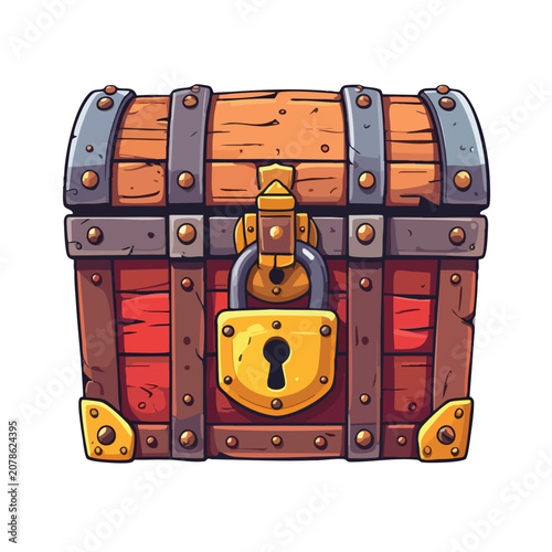 Vintage wooden treasure chest locked with a golden padlock.