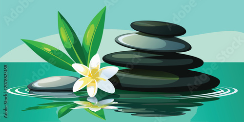Zen stones stacked with tropical flower and green leaves in calm water vector illustration.