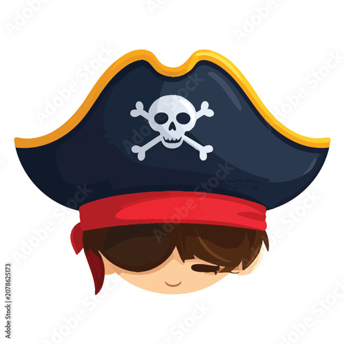 Cartoon pirate boy character wearing a skull and crossbones hat with eye patch.