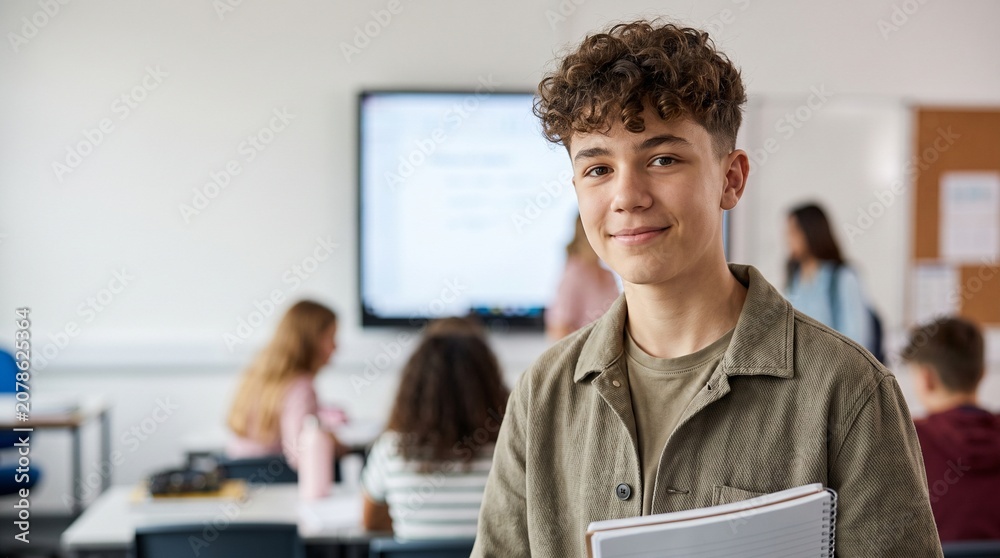 Naklejka premium Handsome teenage boy student with curly hair holding notebook in high school classroom setting. Commercial portrait of smiling youth teenager pupil learning for education background.