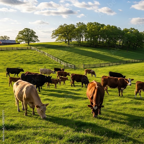 Serene Rural Landscape with Grazing Cattle and Green Fields.
