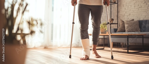 Person recovering with crutches at home.