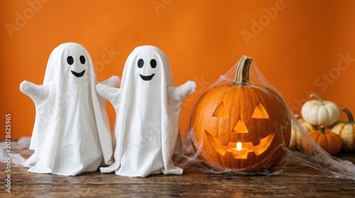 Halloween scene with ghost costumes and jack o lantern