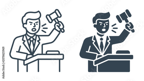 Schilderij op canvas Legal Hammer: An authoritative figure, depicted as a lawyer or judge, stands behind a podium, aggressively wielding a gavel
