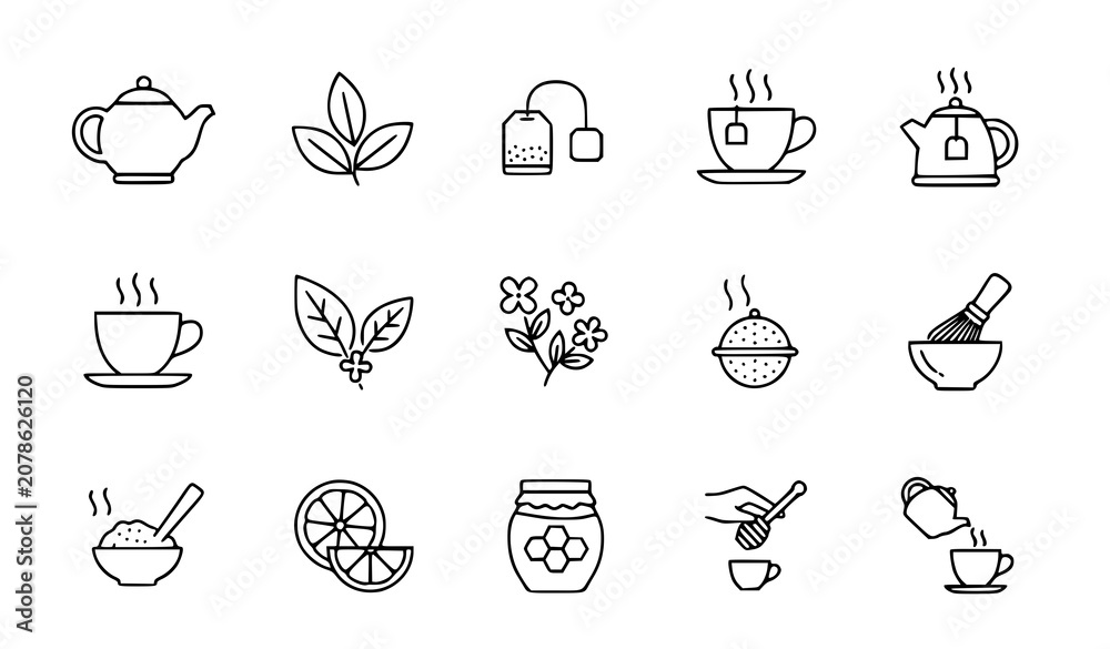 Fototapeta premium Tea and Hot Beverage Outline Icons Vector Pack Editable Stroke